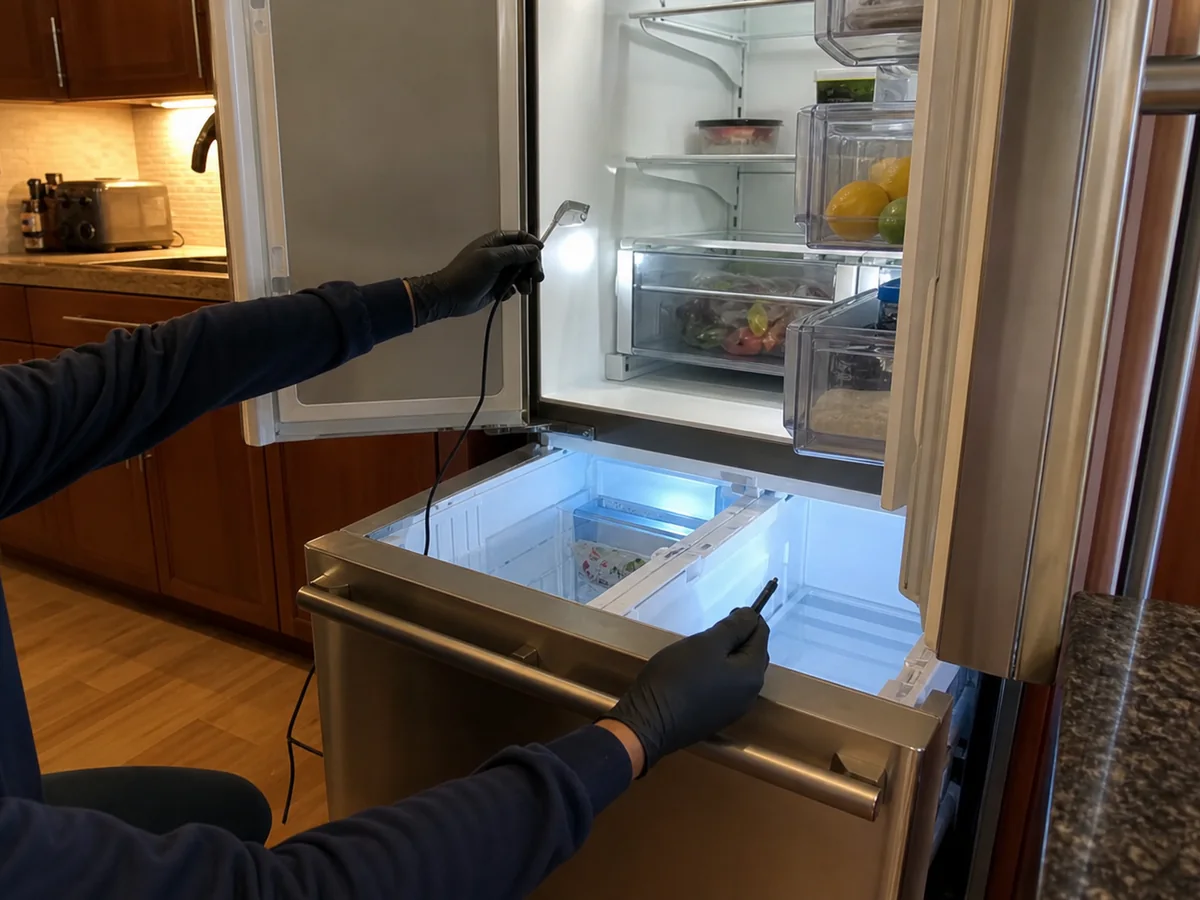 Technician checking separate fresh-food and freezer temperatures in a Novato built-in refrigerator